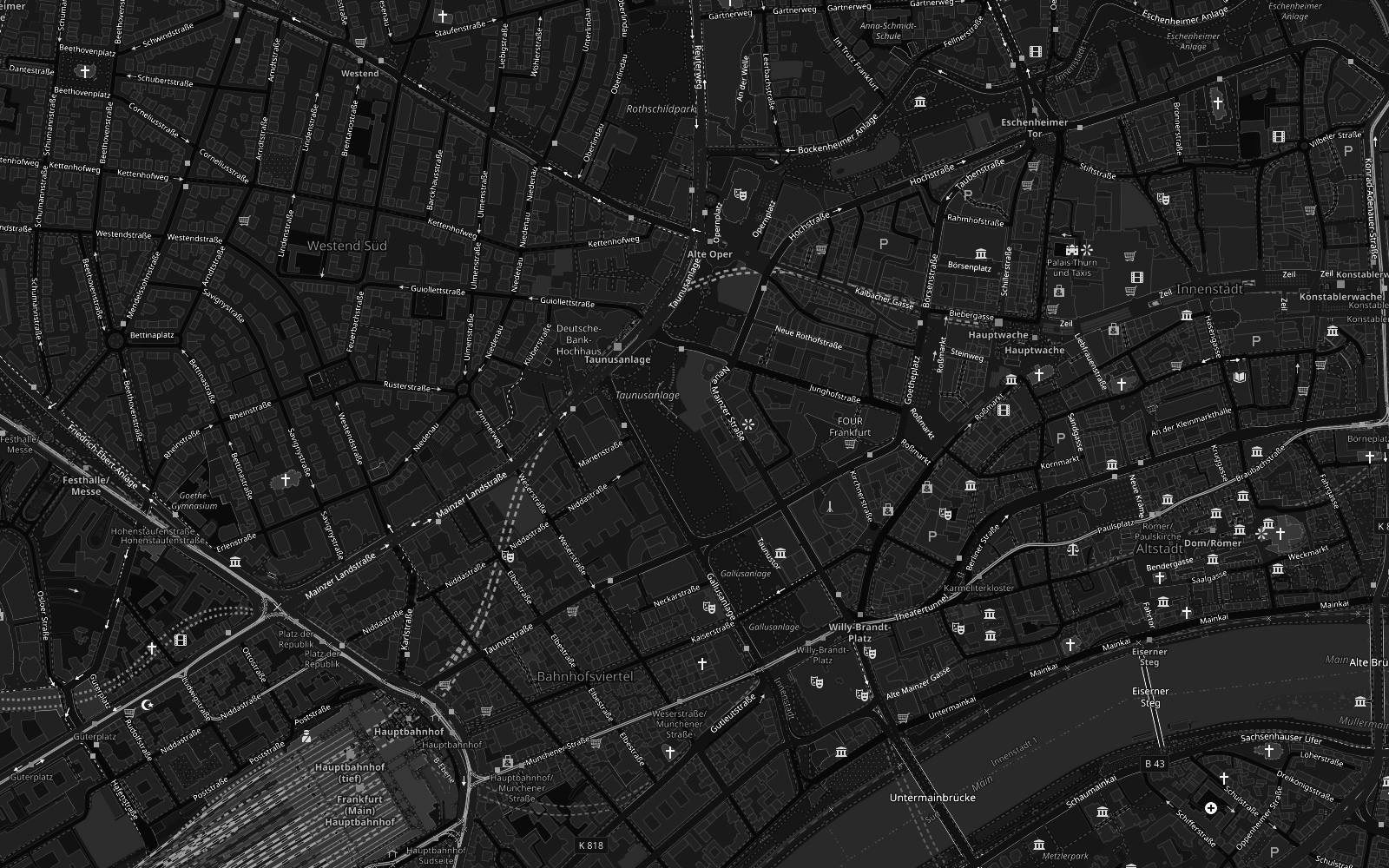 Kartenausschnitt der Frankfurter Innenstadt mit dem Standort FOUR T1